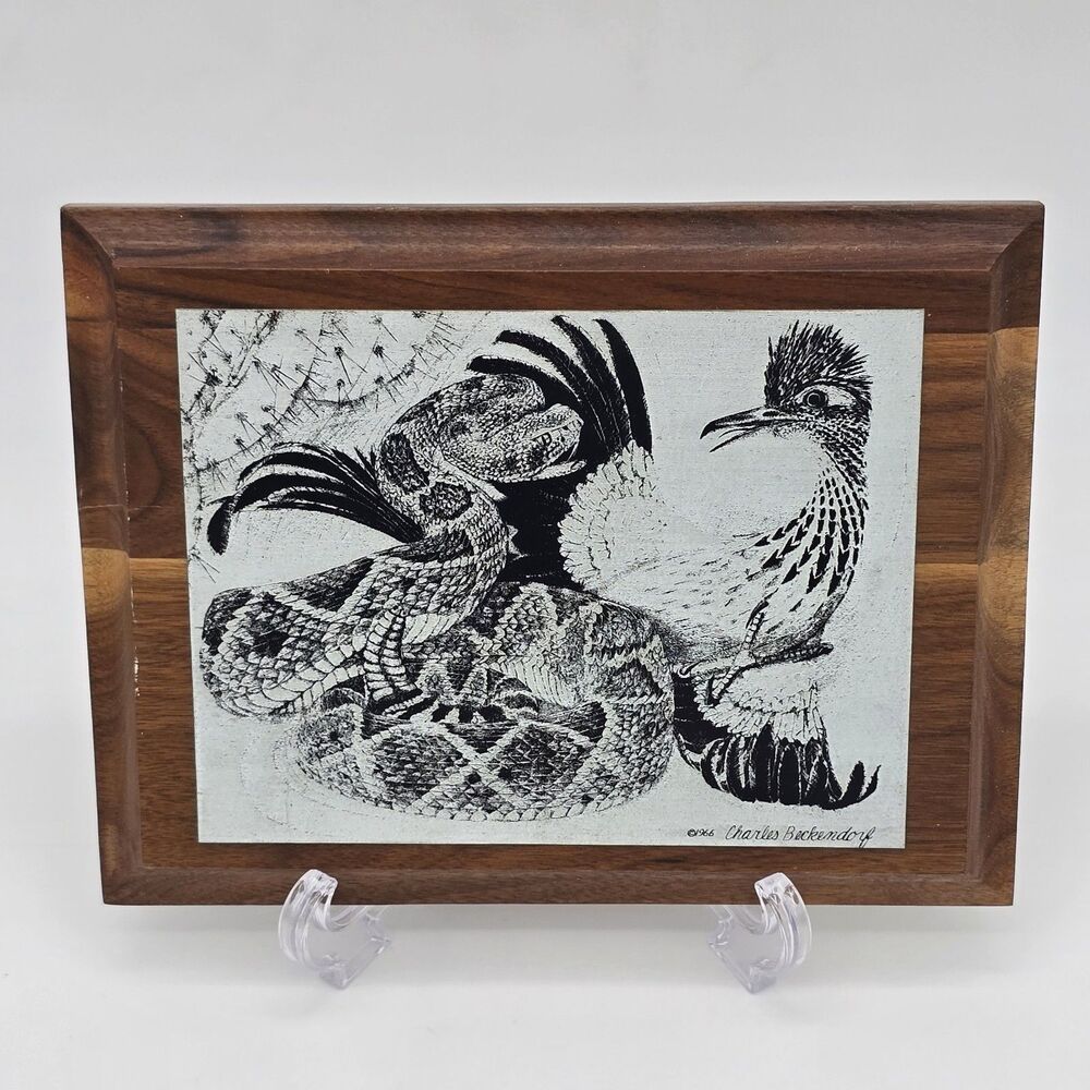 1966 Charles Beckendorf Metal Etching on Wood Base Rattlesnake & Roadrunner - Picture 5 of 5